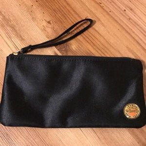 Wristlet Black satin clutch purse or wallet with gold round stamped emblem